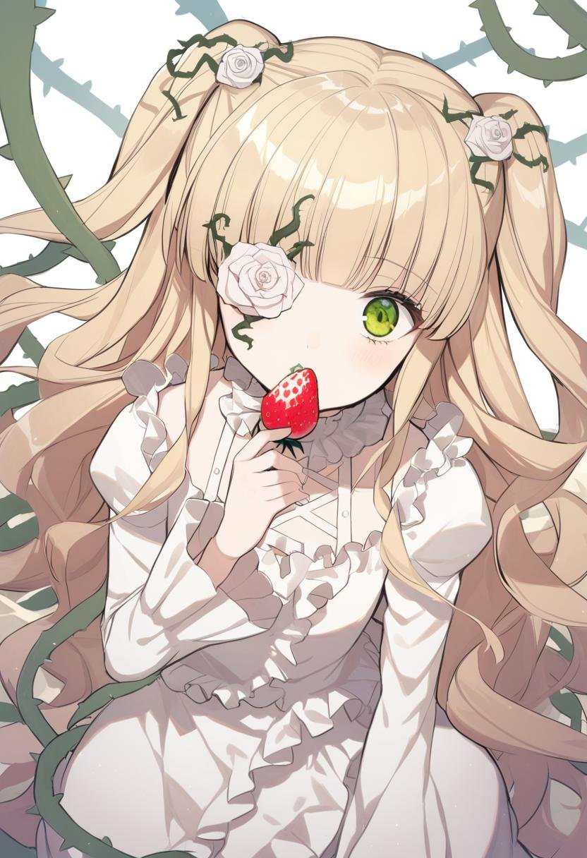 1girl, kirakishou, blonde hair, strawberry, flower over eye, solo, fruit, food, flower, green eyes, long hair, white rose, rose, white flower, thorns, looking at viewer, hair ornament, vines, hair flower, bangs, two side up, eyepatch, dress, long sleeves, holding food, plant, holding, blunt bangs, frills, open mouth, eating, holding fruit, high quality, late, <lora:char - kirakishou - v1 - bionagato:1>