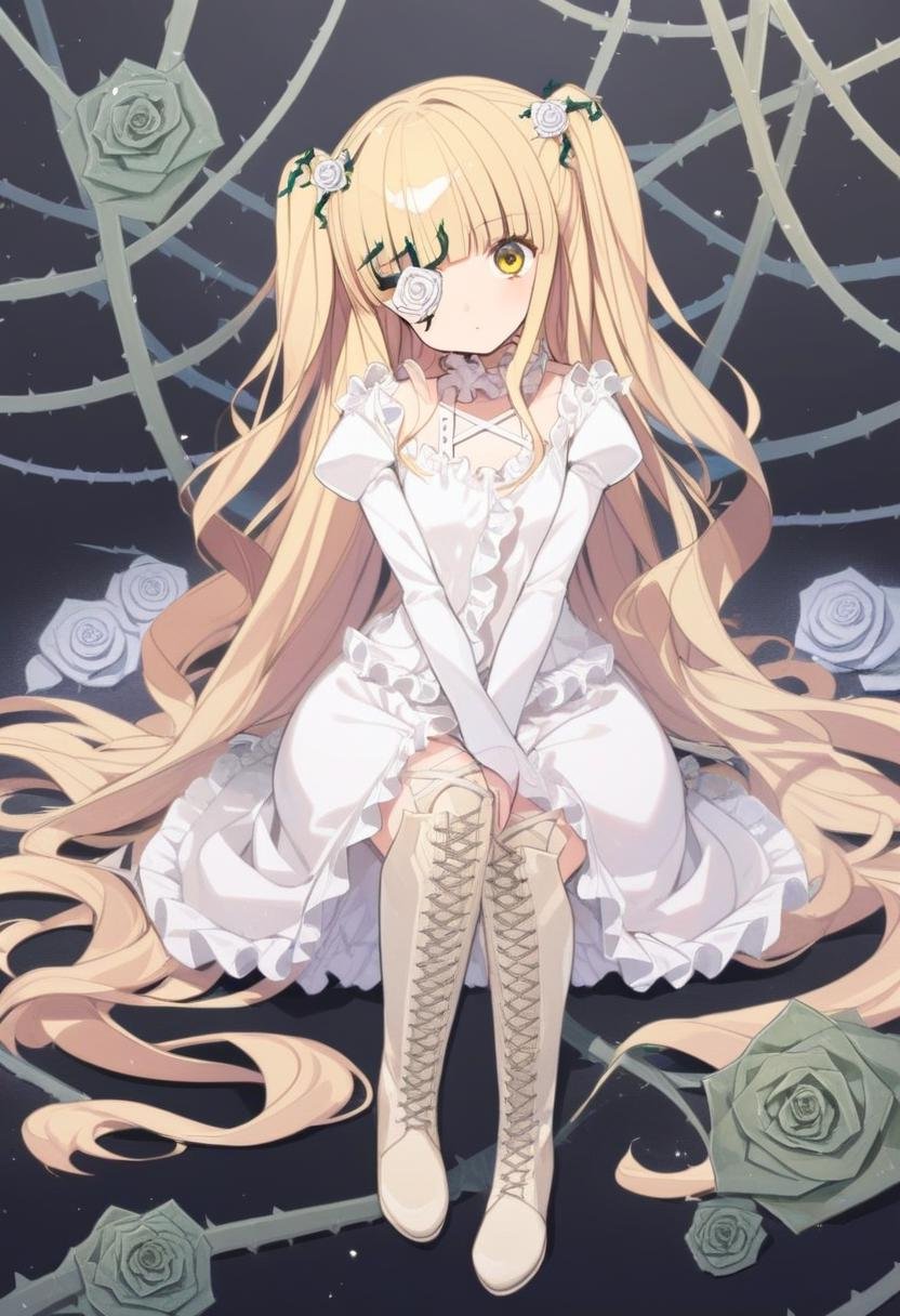 1girl, kirakishou, flower over eye, flower, long hair, solo, yellow eyes, boots, dress, rose, white flower, frills, white dress, long sleeves, white rose, cross-laced footwear, blonde hair, hair flower, eyepatch, hair ornament, knee boots, looking at viewer, thorns, vines, very long hair, lace-up boots, plant, twintails, black background, bangs, two side up, frilled dress, high quality, late, <lora:char - kirakishou - v1 - bionagato:1>