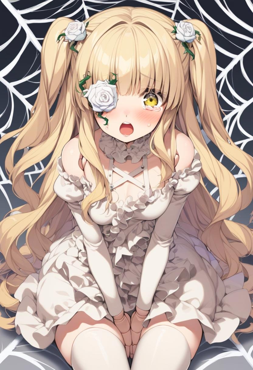 1girl, kirakishou, solo, long hair, blonde hair, open mouth, flower, dress, yellow eyes, hair ornament, white dress, hair flower, blush, spider web, silk, looking at viewer, rose, bare shoulders, very long hair, two side up, frills, bangs, doll joints, breasts, long sleeves, white flower, sitting, tears, high quality, late, <lora:char - kirakishou - v1 - bionagato:1>