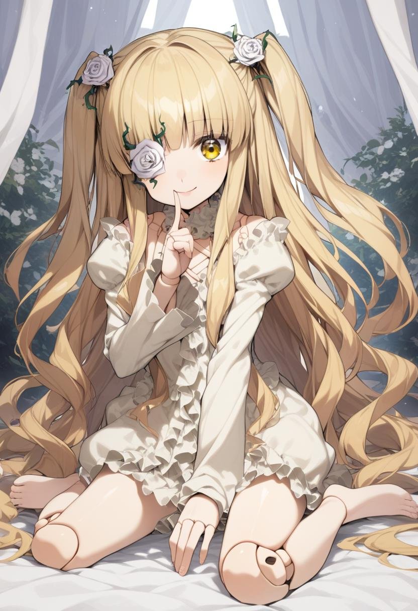 1girl, kirakishou, joints, doll joints, long hair, flower, yellow eyes, finger to mouth, sitting, hair ornament, barefoot, blonde hair, wariza, rose, smile, hair flower, looking at viewer, dress, two side up, frills, very long hair, long sleeves, high quality, late, <lora:char - kirakishou - v1 - bionagato:1>