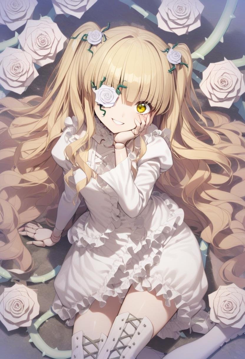 1girl, kirakishou, solo, flower, long hair, blonde hair, dress, hair flower, rose, doll joints, hair ornament, thorns, joints, looking at viewer, eyepatch, smile, frills, flower over eye, white dress, long sleeves, yellow eyes, two side up, lying, hand on own face, arm support, very long hair, white flower, bangs, white rose, wavy hair, vines, on side, grin, hand on own cheek, frilled dress, boots, puffy sleeves, high quality, late, <lora:char - kirakishou - v1 - bionagato:1>