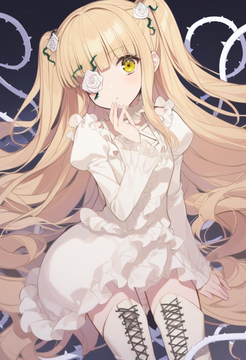 1girl, kirakishou, flower over eye, flower, long hair, solo, yellow eyes, boots, dress, rose, white flower, frills, white dress, long sleeves, white rose, cross-laced footwear, blonde hair, hair flower, eyepatch, hair ornament, knee boots, looking at viewer, thorns, vines, very long hair, lace-up boots, plant, twintails, black background, bangs, two side up, frilled dress, high quality, late, <lora:char - kirakishou - v1 - bionagato:1>