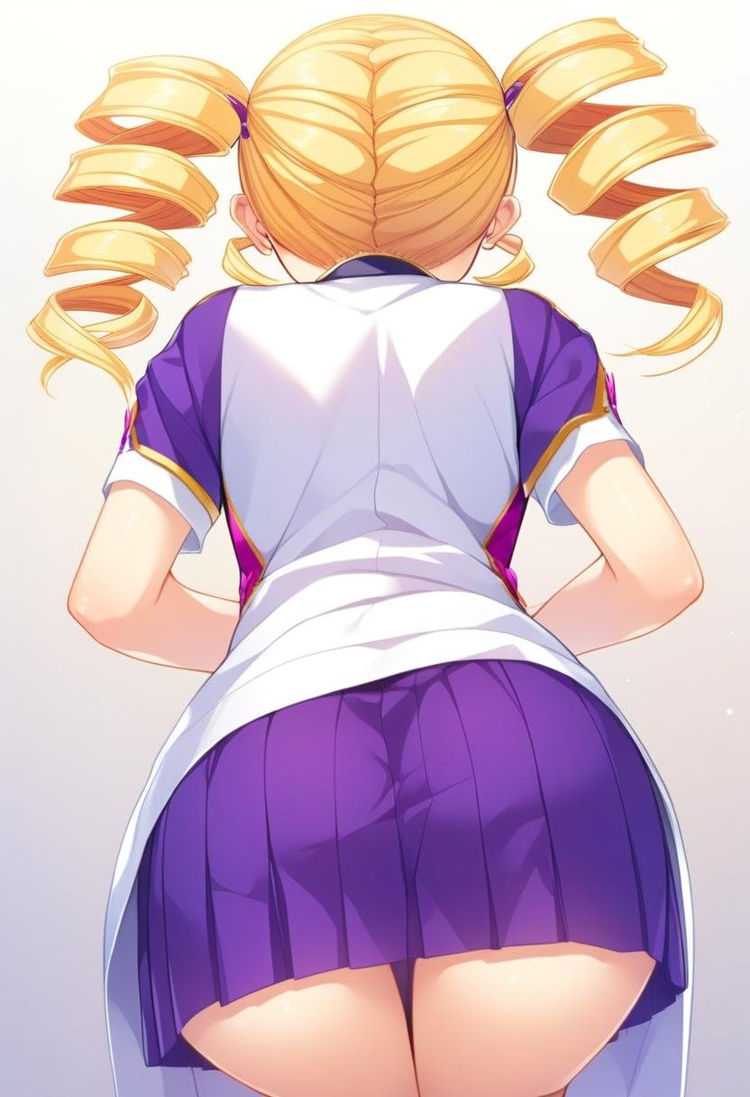 1girl, karin, solo, drill hair, blue eyes, blonde hair, twin drills, blush, from behind, high quality, late, <lora:char - karin - v1 - bionagato:1>