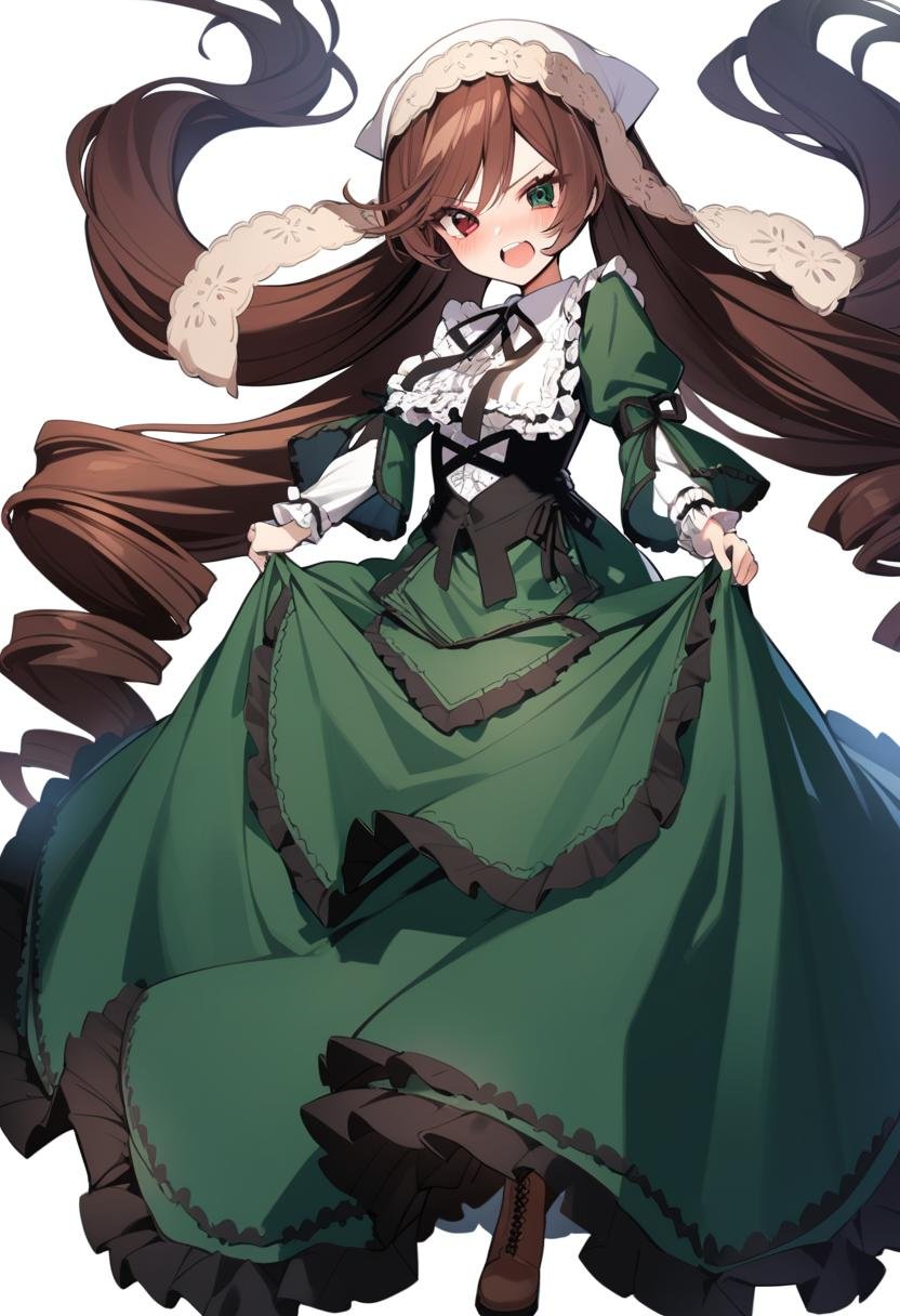 1girl, suiseiseki, solo, long hair, very long hair, dress, heterochromia, brown hair, open mouth, green eyes, green dress, red eyes, white background, blush, long sleeves, looking at viewer, simple background, ribbon, skirt hold, boots, frills, full body, black ribbon, absurdly long hair, teeth, drill hair, brown footwear, v-shaped eyebrows, standing, masterpiece, best quality, late,  <lora:char - suiseiseki - v1 - bionagato:1>