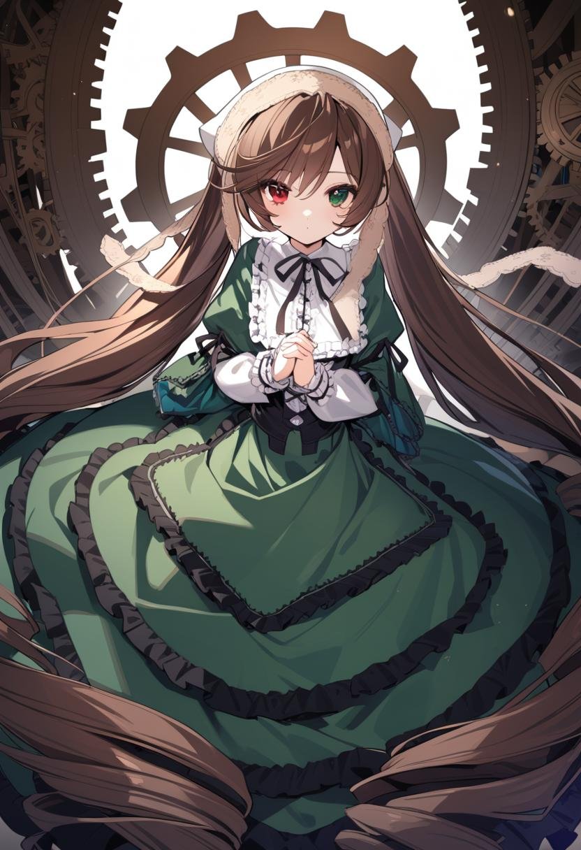 1girl, suiseiseki, solo, long hair, heterochromia, very long hair, brown hair, green eyes, dress, gears, red eyes, hat, green dress, twintails, frills, ribbon, own hands together, corset, long sleeves, looking at viewer, drill hair, hairband, absurdly long hair, own hands clasped, bonnet, masterpiece, best quality, late,  <lora:char - suiseiseki - v1 - bionagato:1>