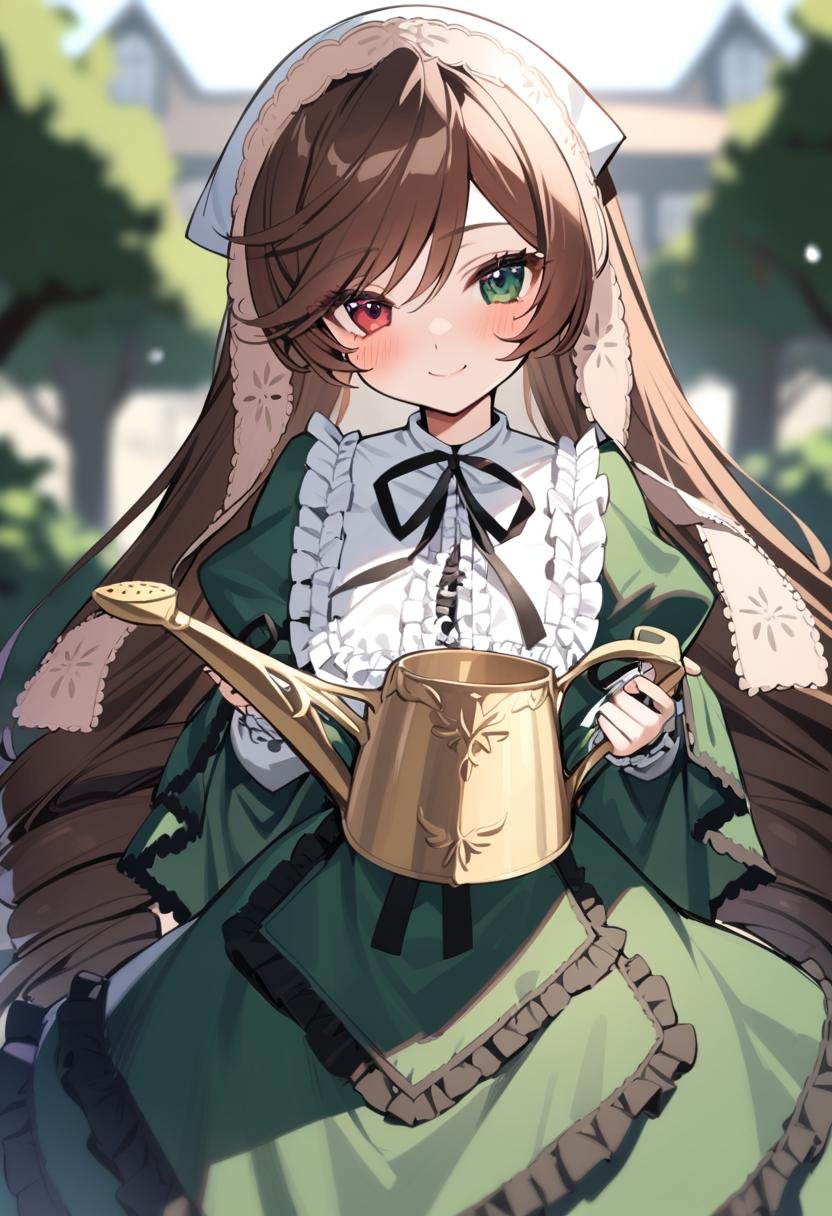 1girl, suiseiseki, watering can, solo, long hair, smile, frills, brown hair, dress, heterochromia, red eyes, very long hair, long sleeves, green dress, looking at viewer, blush, holding, closed mouth, ribbon, bangs, blurry, drill hair, green eyes, masterpiece, best quality, late,  <lora:char - suiseiseki - v1 - bionagato:1>