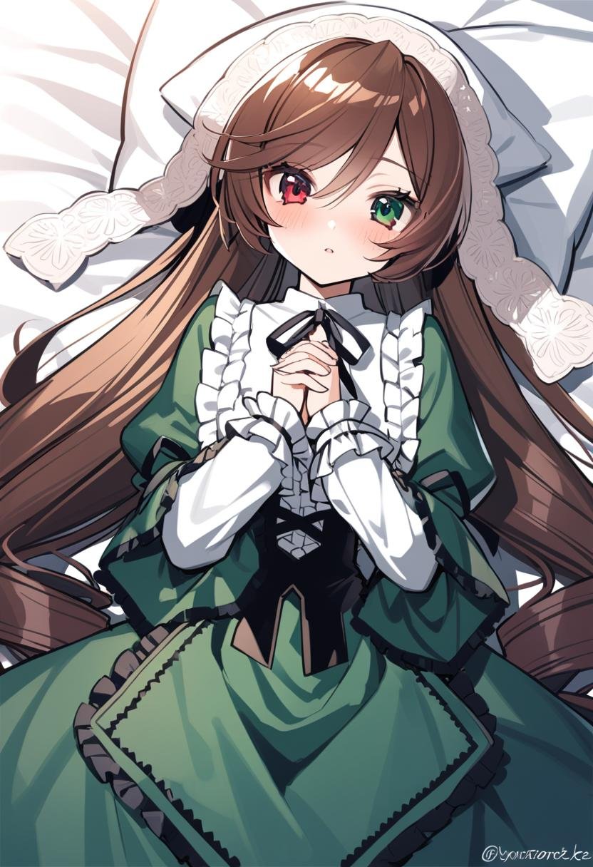 1girl, suiseiseki, solo, long hair, brown hair, heterochromia, dress, red eyes, very long hair, frills, green dress, lying, long sleeves, looking at viewer, parted lips, green eyes, hair between eyes, blush, on back, twitter username, bangs, pillow, black ribbon, ribbon, neck ribbon, own hands together, puffy sleeves, bed sheet, hands up, frilled sleeves, frilled dress, masterpiece, best quality, late,  <lora:char - suiseiseki - v1 - bionagato:1>