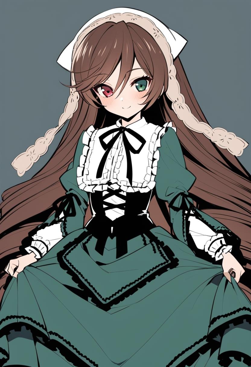 1girl, suiseiseki, solo, long hair, dress, brown hair, long sleeves, smile, blush, heterochromia, looking at viewer, very long hair, red eyes, simple background, closed mouth, green eyes, bangs, black dress, frills, ribbon, black ribbon, skirt hold, drill hair, neck ribbon, grey background, hair between eyes, masterpiece, best quality, late,  <lora:char - suiseiseki - v1 - bionagato:1>