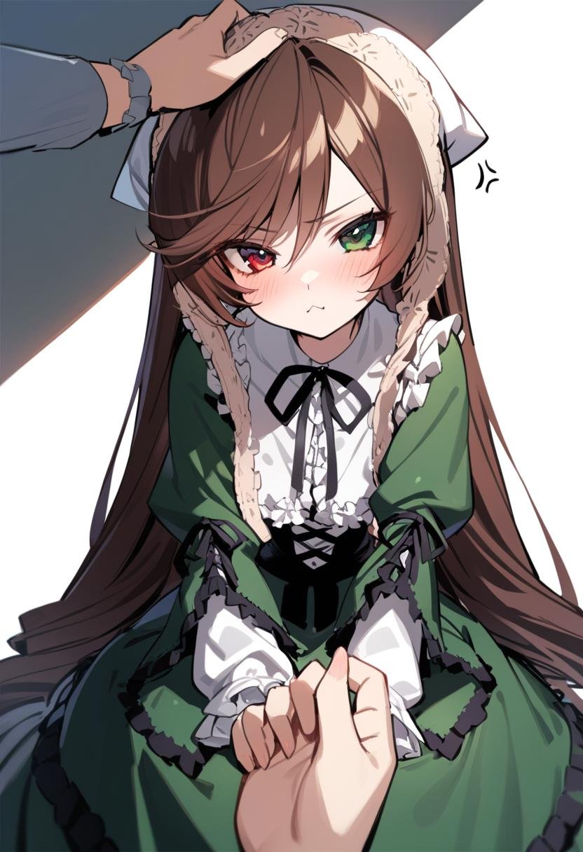 1girl, suiseiseki, headpat, pov, long hair, heterochromia, brown hair, dress, red eyes, green eyes, :<, closed mouth, angry, anger vein, very long hair, looking at viewer, frills, smile, blush, masterpiece, best quality, late,  <lora:char - suiseiseki - v1 - bionagato:1>