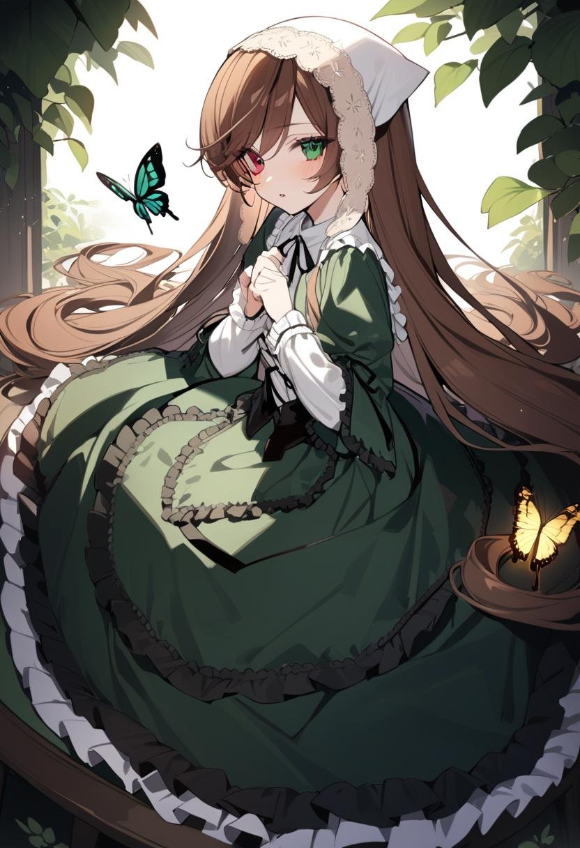 1girl, suiseiseki, solo, long hair, heterochromia, dress, brown hair, red eyes, bug, green eyes, butterfly, very long hair, green dress, long sleeves, looking at viewer, parted lips, frills, masterpiece, best quality, late,  <lora:char - suiseiseki - v1 - bionagato:1>