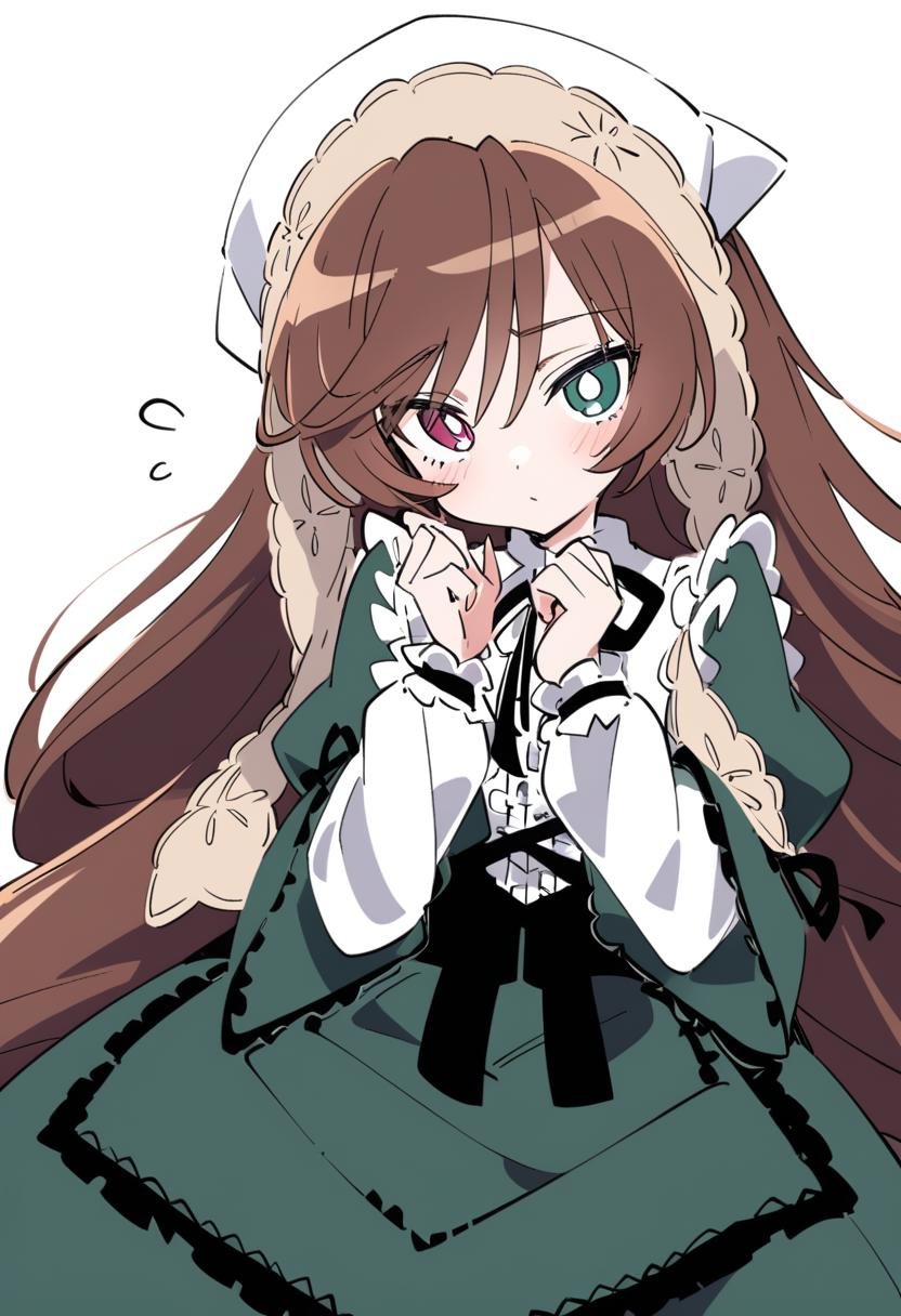 1girl, suiseiseki, style:ixy, solo, long hair, white pupils, bright pupils, white background, heterochromia, brown hair, red eyes, long sleeves, looking at viewer, simple background, green dress, dress, very long hair, green eyes, frills, black ribbon, closed mouth, blush, ribbon, hands up, white headwear, bangs, masterpiece, best quality, late,  <lora:char - suiseiseki - v1 - bionagato:1>