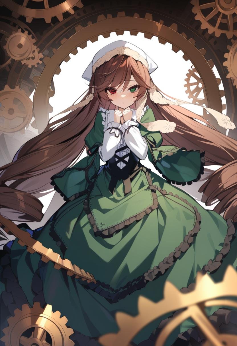 1girl, suiseiseki, solo, long hair, heterochromia, very long hair, brown hair, green eyes, dress, gears, red eyes, hat, green dress, masterpiece, best quality, late,  <lora:char - suiseiseki - v1 - bionagato:1>