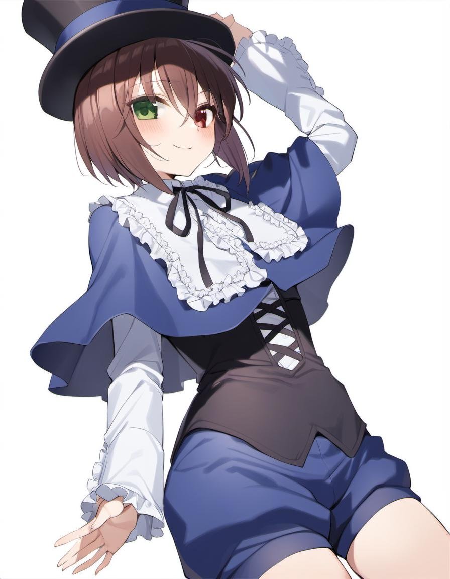 1girl, souseiseki, rozen maiden, black corset, black headwear, black ribbon, blue capelet, blue shorts, blush, brown hair, capelet, closed mouth, collared shirt, corset, cowboy shot, frilled shirt, frilled shirt collar, frilled sleeves, frills, green eyes, hair between eyes, hand on headwear, hat, heterochromia, long bangs, long sleeves, looking at viewer, neck ribbon, red eyes, ribbon, shirt, short hair, shorts, smile, solo, top hat, white shirt, masterpiece, best quality.  <lora:char - souseiseki - v1 - bionagato:1>