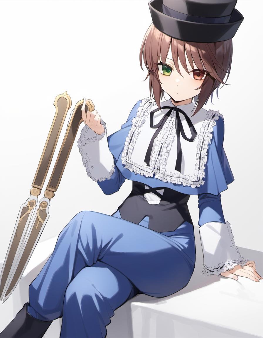 1girl, souseiseki, black headwear, black ribbon, blue flower, blue pants, blue rose, blue shirt, brown hair, closed mouth, crossed legs, flower, green eyes, hat, heterochromia, long sleeves, looking at viewer, neck ribbon, pants, pantyhose, red eyes, ribbon, rose, scissors, shirt, short hair, sitting, solo, masterpiece, best quality,  <lora:char - souseiseki - v1 - bionagato:1>