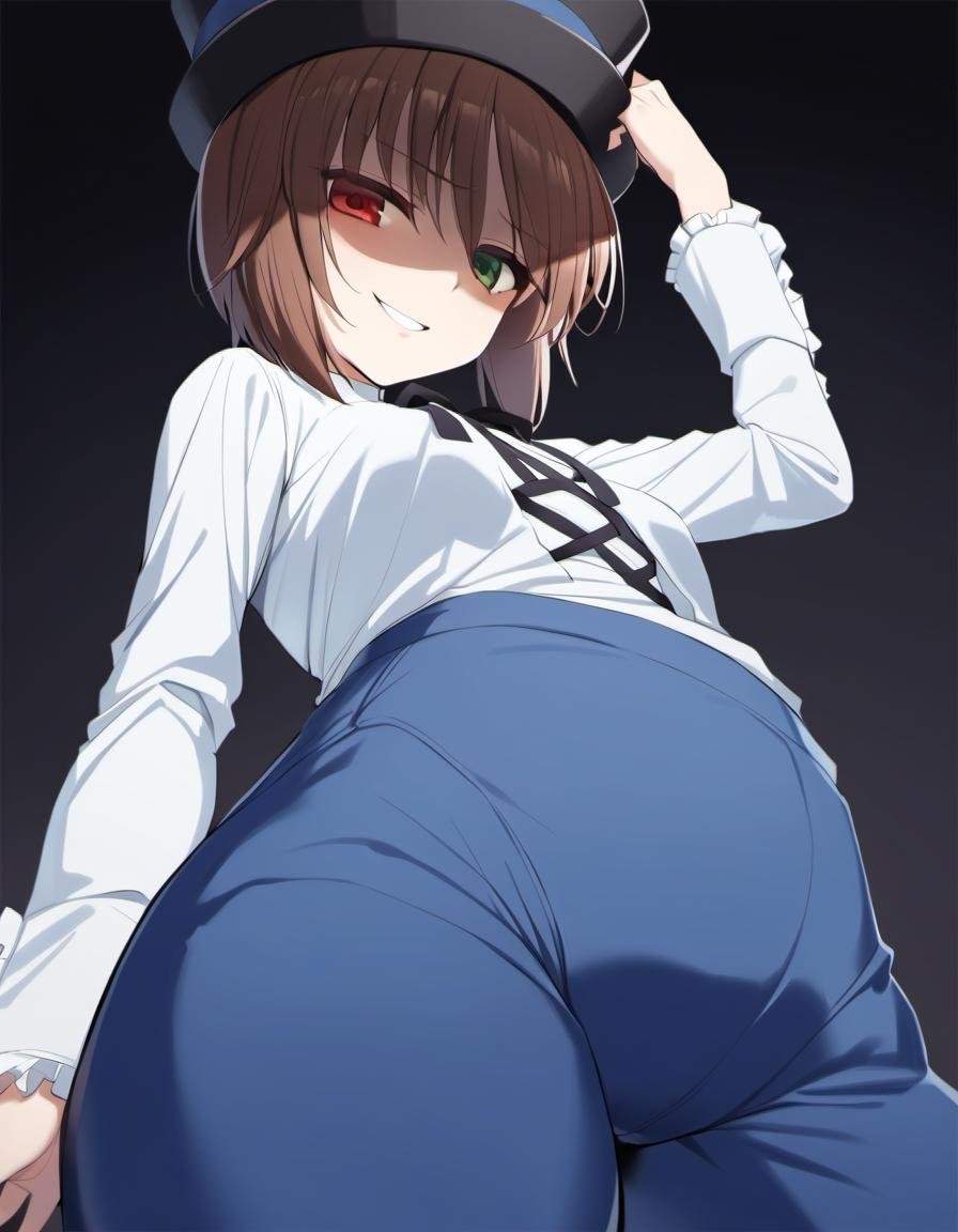 1girl, souseiseki, looking at viewer, dark background, shaded face, cowboy shot, smirk, glowing eyes, heterochromia, red eyes, blue pants, hat, pantyhose, solo, green eyes, brown hair, short hair, masterpiece, best quality.  <lora:char - souseiseki - v1 - bionagato:1>