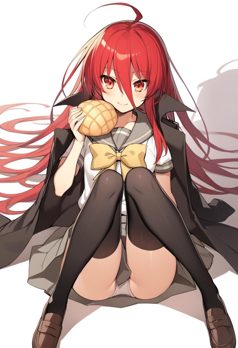 1girl, shana, ahoge, black coat, black thighhighs, bow, bowtie, bread, brown footwear, coat, coat on shoulders, convenient leg, food, grey sailor collar, grey skirt, hair between eyes, holding, loafers, long hair, melon bread, red eyes, red hair, sailor collar, school uniform, serafuku, shirt, shoes, sitting, skirt, smile, solo, thighhighs, white shirt, yellow bow, yellow bowtie, absurdres, highres, masterpiece, best quality, mid, <lora:char - shana - v1 - bionagato:1>