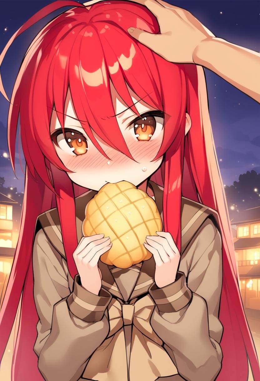 1girl, shana, headpat, ahoge, blush, bow, bread, brown bow, brown eyes, brown sailor collar, brown shirt, closed mouth, flat chest, food, food in mouth, hair between eyes, holding, holding food, very long hair, long sleeves, looking at viewer, melon bread, nose blush, red hair, sailor collar, school uniform, serafuku, shirt, solo, upper body, v-shaped eyebrows, glowing eyes, glowing hair, light particles, night, outdoors, absurdres, highres, masterpiece, best quality, mid, <lora:char - shana - v1 - bionagato:0.9>