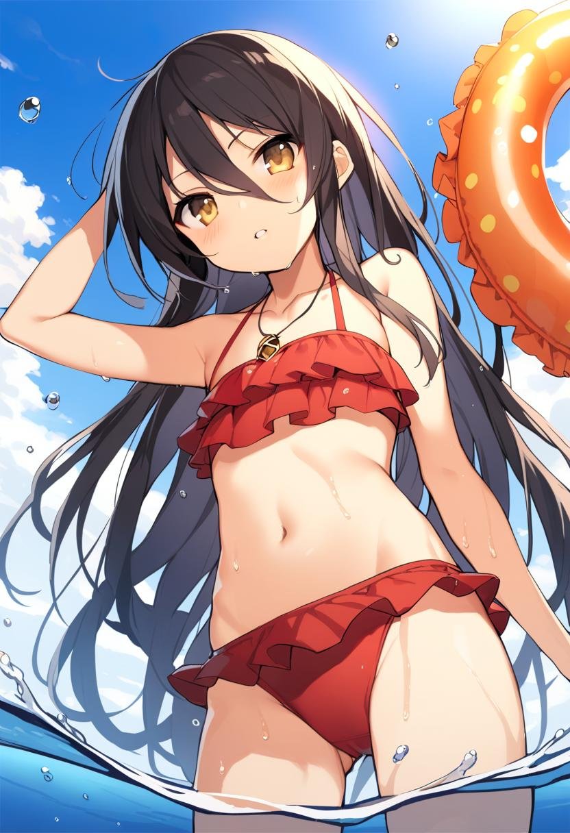 1girl, shana, arm up, bare arms, bare shoulders, bikini, black hair, blue sky, cowboy shot, day, flat chest, frilled bikini, frills, innertube, jewelry, long hair, looking at viewer, navel, necklace, ocean, outdoors, parted lips, partially underwater shot, print innertube, red bikini, sky, solo, stomach, swim ring, swimsuit, very long hair, wading, water drop, wet, yellow eyes, absurdres, highres, masterpiece, best quality, mid, <lora:char - shana - v1 - bionagato:0.9>