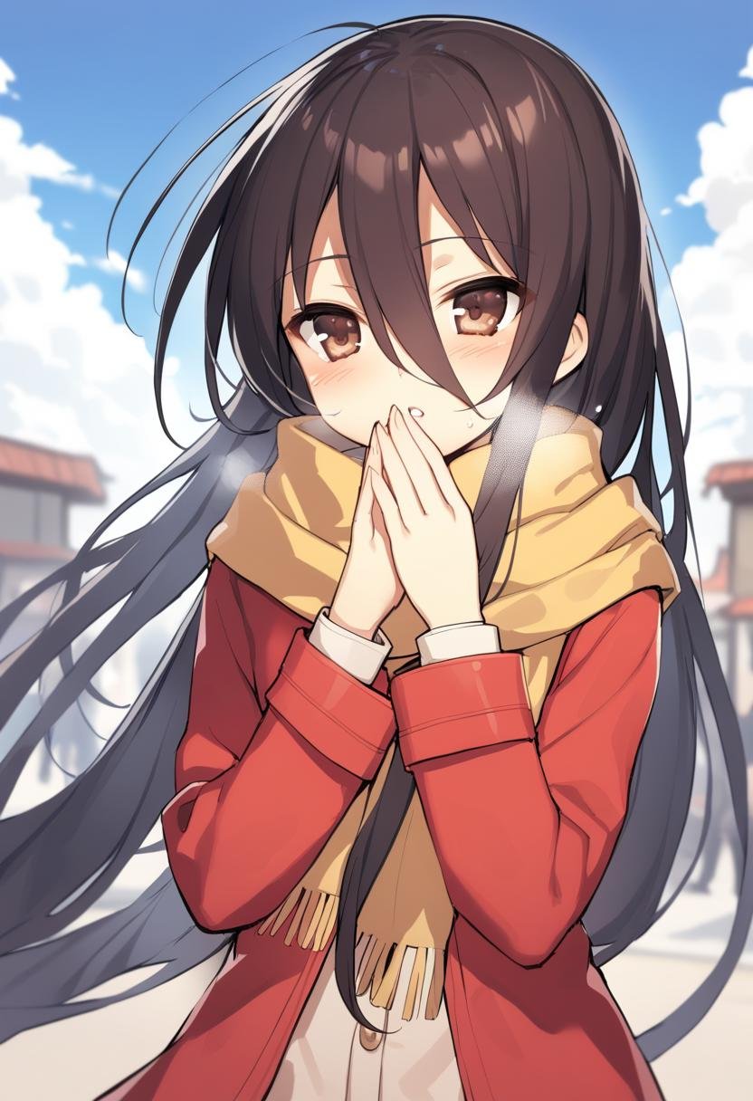 1girl, shana, black hair, blue sky, blurry, blurry background, breath, brown eyes, cloud, cloudy sky, day, depth of field, fringe trim, hair between eyes, jacket, long hair, long sleeves, outdoors, palms together, parted lips, praying, red jacket, scarf, sky, solo, upper body, very long hair, yellow scarf, absurdres, highres, masterpiece, best quality, mid, <lora:char - shana - v1 - bionagato:1>