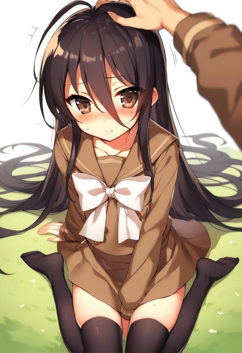 1girl, shana, + +, antenna hair, black hair, black thighhighs, blurry, blurry foreground, blush, bow, brown bow, brown eyes, brown sailor collar, brown serafuku, brown shirt, brown skirt, collarbone, depth of field, food, hair between eyes, long hair, long sleeves, no shoes, on grass, sailor collar, school uniform, serafuku, shirt, sitting, skirt, sleeves past wrists, solo, thighhighs, very long hair, wariza, white background, white bow, pov, headpat, absurdres, highres, masterpiece, best quality, mid, <lora:char - shana - v1 - bionagato:1>