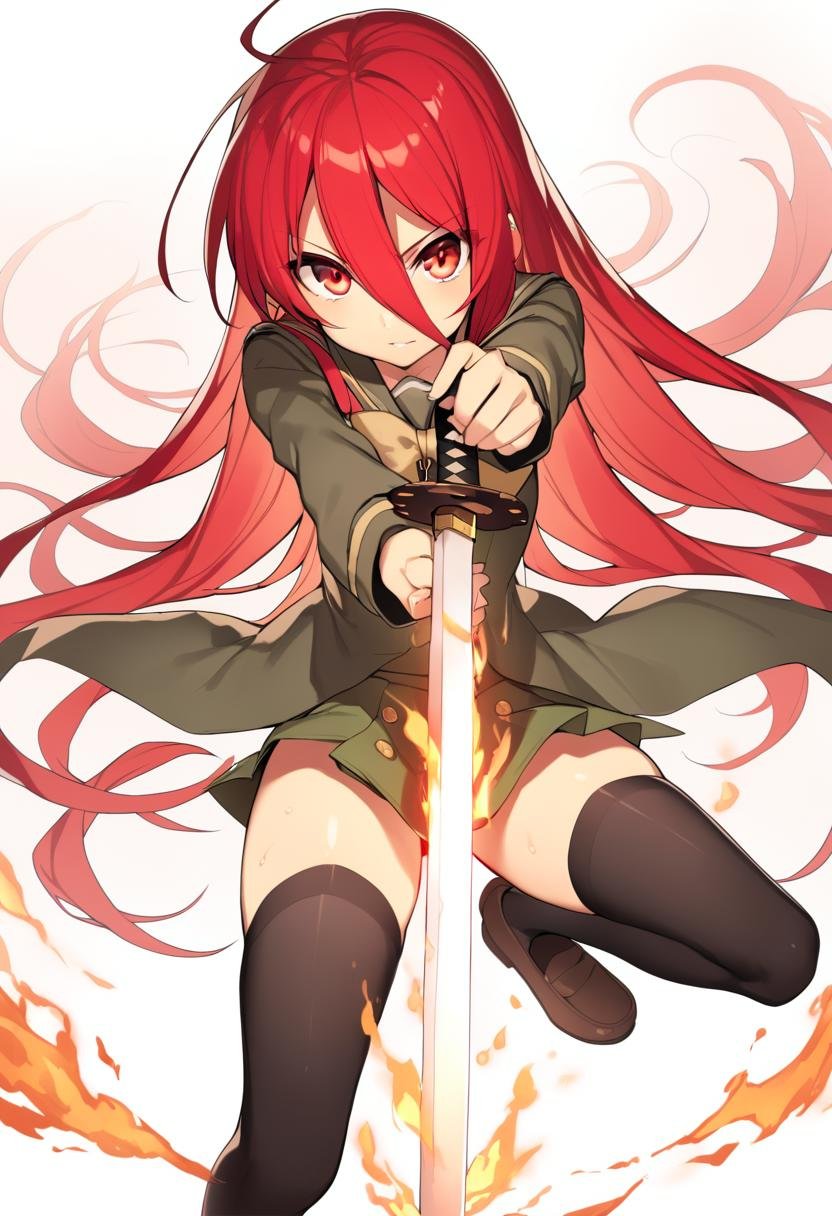 1girl, shana, black thighhighs, bow, bowtie, brown footwear, fire, foreshortening, green skirt, hair between eyes, holding sword, jewelry, long hair, long sleeves, looking at viewer, pendant, red eyes, red hair, school uniform, shoes, skirt, solo, thighhighs, very long hair, absurdres, highres, masterpiece, best quality, mid, <lora:char - shana - v1 - bionagato:0.9>