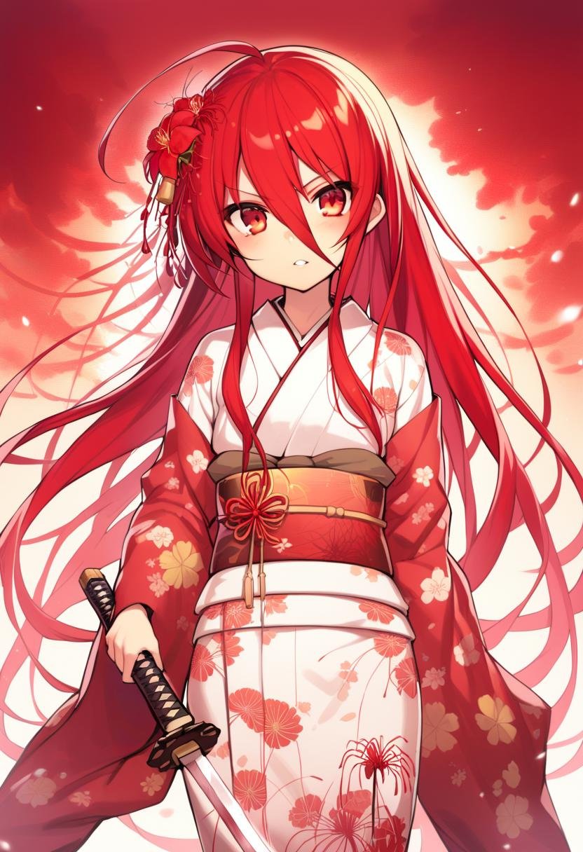 1girl, shana, floral print, flower, hair between eyes, hair flower, hair ornament, holding sword, japanese clothes, kimono, long hair, long sleeves, looking at viewer, obi, parted lips, red eyes, red flower, red hair, red theme, sash, solo, spider lily, spider lily print, v-shaped eyebrows, very long hair, white kimono, absurdres, highres, masterpiece, best quality, mid, <lora:char - shana - v1 - bionagato:1>