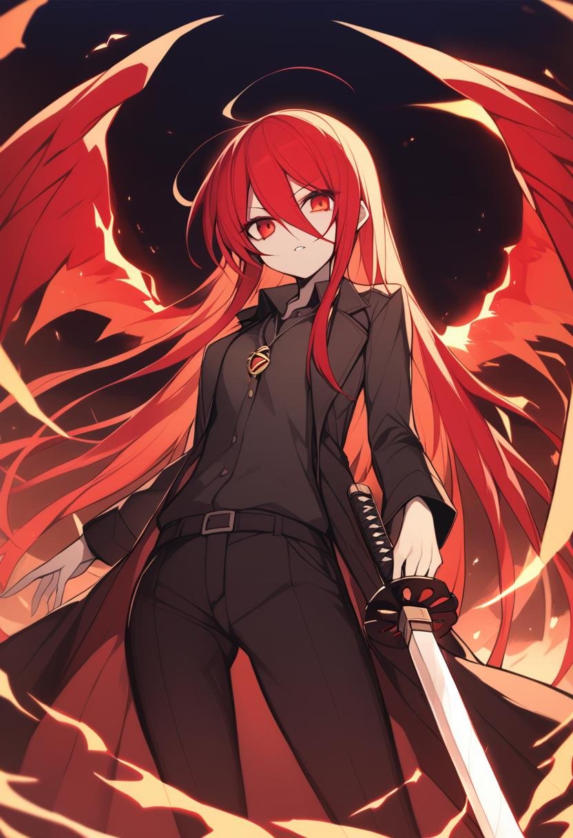 1girl, shana, black coat, black pants, black shirt, coat, collared coat, collared shirt, cowboy shot, darkworldsss, dutch angle, fiery wings, flaming sword, flaming weapon, from below, hair between eyes, holding, holding sword, holding weapon, jewelry, long hair, long sleeves, looking at viewer, open clothes, open coat, pale skin, pants, pendant, raised eyebrows, red eyes, red hair, shirt, solo, straight hair, sword, weapon, wings, absurdres, highres, masterpiece, best quality, mid, <lora:char - shana - v1 - bionagato:1>