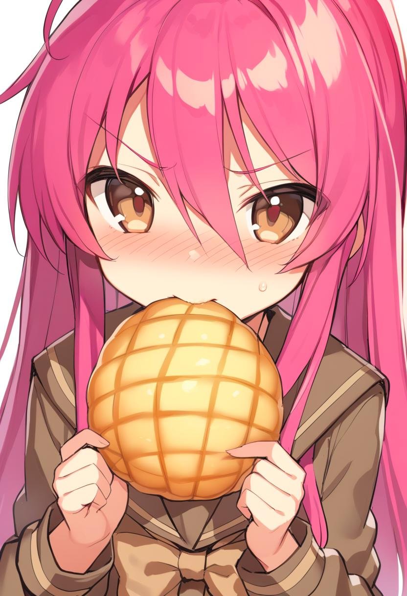 1girl,shana, ahoge, blush, bow, bread, brown bow, brown eyes, brown sailor collar, brown shirt, closed mouth, flat chest, food, food in mouth, hair between eyes, holding, holding food, long hair, long sleeves, looking at viewer, melon bread, nose blush, pink hair, sailor collar, school uniform, serafuku, shirt, simple background, solo, upper body, v-shaped eyebrows, white background, absurdres, highres, masterpiece, best quality, mid, <lora:char - shana - v1 - bionagato:0.9>