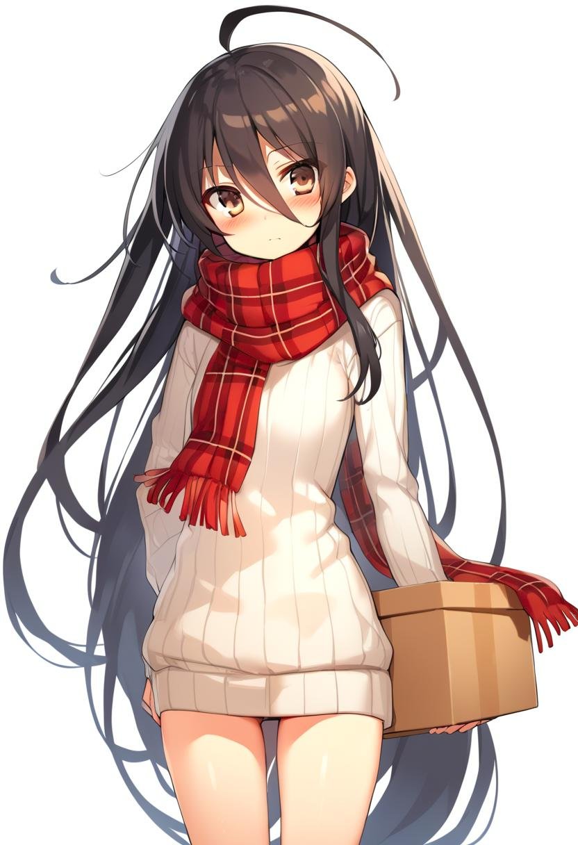 1girl, shana, ahoge, arm behind back, black hair, blush, box, brown eyes, closed mouth, floating hair, gift, gift box, hair between eyes, holding, holding box, long hair, long sleeves, plaid, plaid scarf, red scarf, ribbed sweater, scarf, simple background, solo, standing, sweater, very long hair, white background, white sweater, absurdres, highres, masterpiece, best quality, mid, <lora:char - shana - v1 - bionagato:0.9>