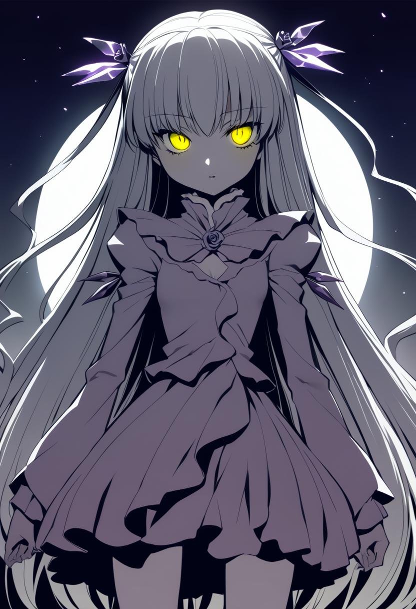 1girl, barasuishou, high contrast, petite, flower eyepatch, hair ribbon, long hair, very long hair, flat chest, grey hair, solo, dress, crystal, yellow eyes, cowboy shot, expressionless, full moon, (glowing:0.8), (glowing eyes:0.8), ringed eyes, huge moon, looking at viewer, moon, night, night sky, outdoors, parted lips, sky, slit pupils, solo, standing, absurdres, highres, masterpiece, best quality, mid, <lora:char - barasuishou - v1 - bionagato:0.90>