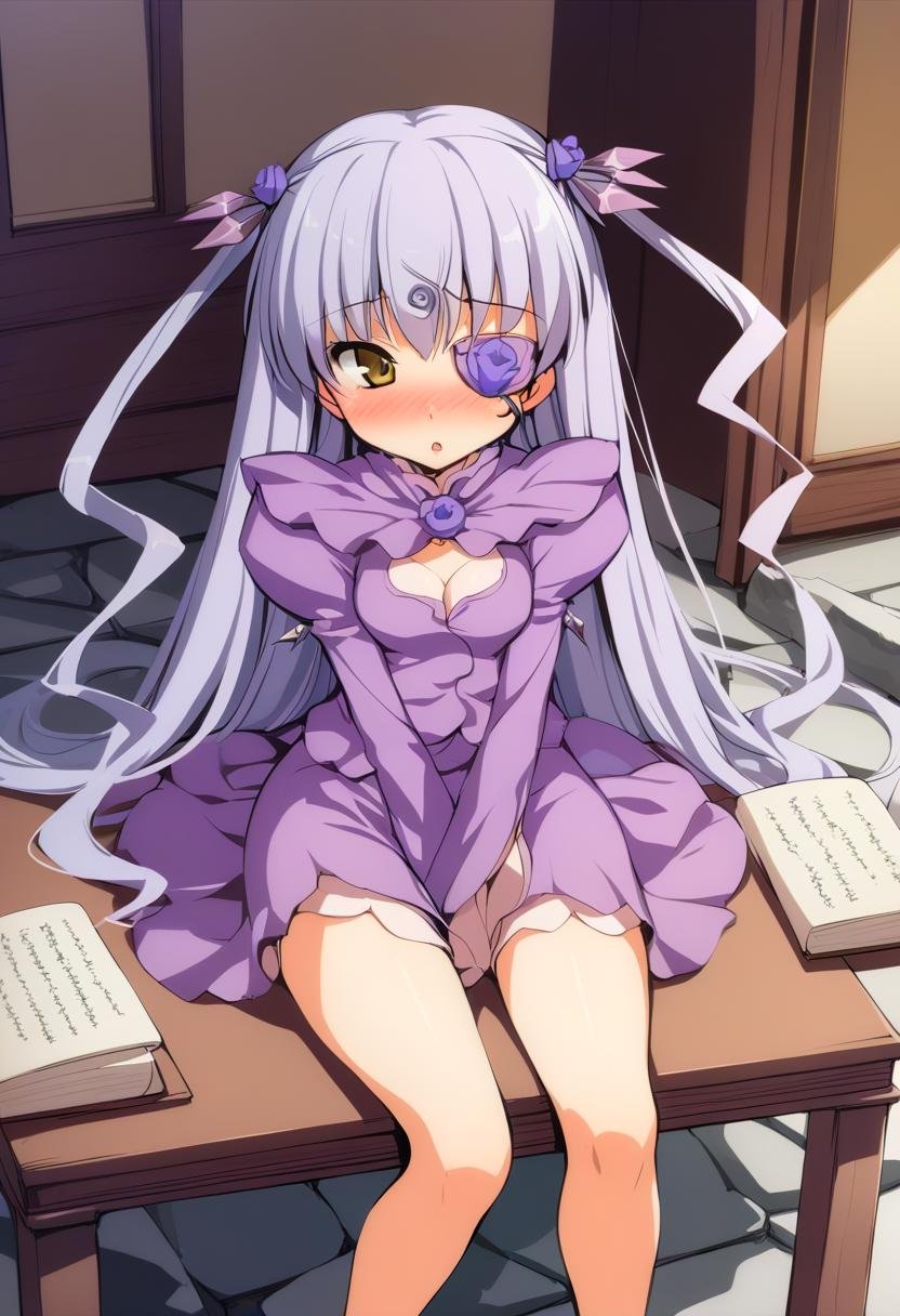 1girl, barasuishou, :o, bad anatomy, between legs, blush, bone, book, doll, dress, flower eyepatch, hand between legs, indoors, long hair, nose blush, on table, poorly drawn, purple dress, scroll, sitting, skull, solo, stone floor, table, two side up, very long hair, absurdres, highres, masterpiece, best quality, mid, <lora:char - barasuishou - v1 - bionagato:1>