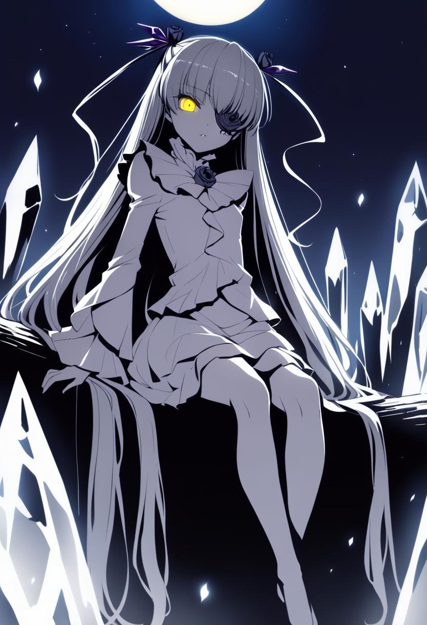 1girl, barasuishou, high contrast, petite, flower eyepatch, hair ribbon, long hair, very long hair, flat chest, grey hair, solo, sitting in tree, dress, crystal, yellow eyes, cowboy shot, expressionless, full moon, (glowing:0.8), (glowing eyes:0.8), ringed eyes, huge moon, looking at viewer, moon, night, night sky, outdoors, parted lips, sky, slit pupils, solo, standing, absurdres, highres, masterpiece, best quality, mid, <lora:char - barasuishou - v1 - bionagato:0.90>