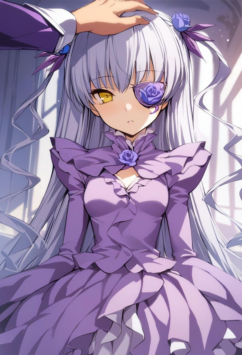 1girl, barasuishou, headpat, dress, flower, flower eyepatch, hair ribbon, looking at viewer, expressionless, long sleeves, parted lips, purple dress, ribbon, rose, solo, twintails, two side up, yellow eyes, absurdres, highres, masterpiece, best quality, mid, <lora:char - barasuishou - v1 - bionagato:1>