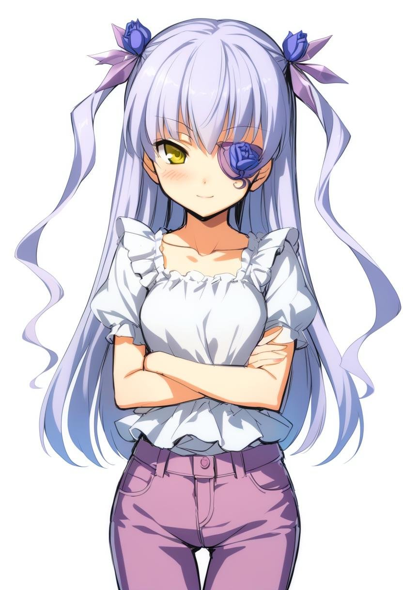 1girl, barasuishou, flower eyepatch, hair ribbon, solo, twintails, two side up, yellow eyes, crossed arms, pants, looking at viewer, petite, shirt, short sleeves, white background, collarbone, casual, simple background, white shirt, ribbon, puffy sleeves, alternate costume, blouse, standing, hair between eyes, cowboy shot, light smile, puffy short sleeves, pink pants, blush, jeans, bangs, closed mouth, frills, frilled shirt, denim, purple pants, absurdres, highres, masterpiece, best quality, mid, <lora:char - barasuishou - v1 - bionagato:1>