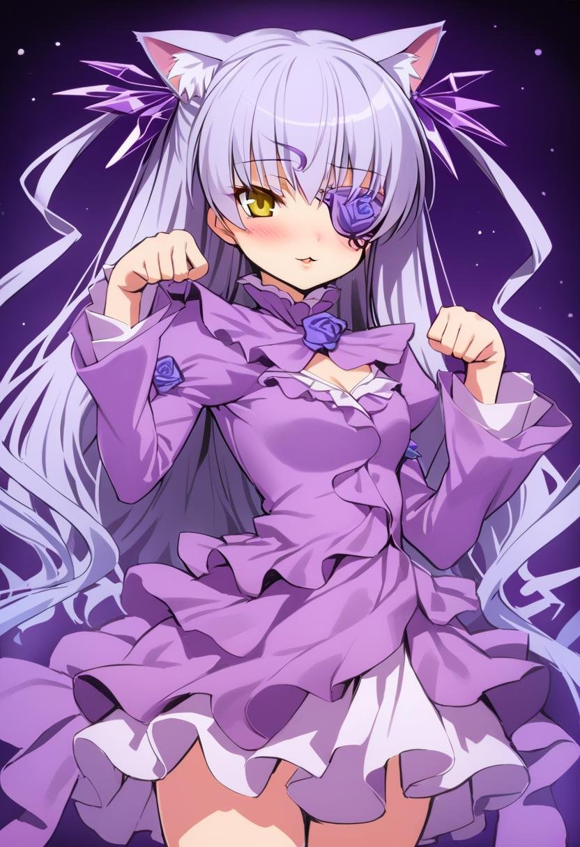 1girl, barasuishou, :3, cat ears, cat tail, blush, paw pose, dress, crystal, flower eyepatch, hair ribbon, looking at viewer, long sleeves, parted lips, purple dress, ribbon, rose, solo, twintails, two side up, yellow eyes, absurdres, highres, masterpiece, best quality, mid, <lora:char - barasuishou - v1 - bionagato:1>