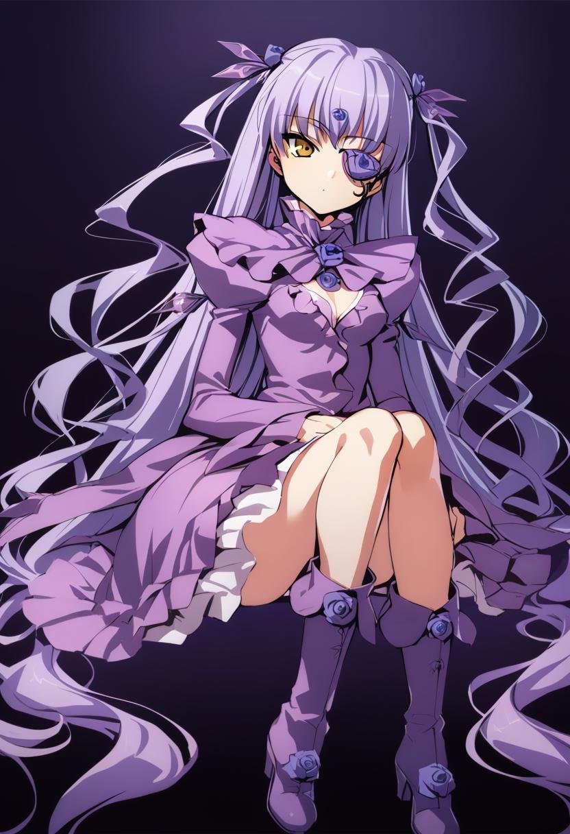 1girl, barasuishou, black background, boots, dress, eyepatch, flower, long hair, long sleeves, looking at viewer, purple dress, purple hair, rose, simple background, sitting, solo, two side up, very long hair, wavy hair, yellow eyes, absurdres, highres, masterpiece, best quality, mid, <lora:char - barasuishou - v1 - bionagato:1>