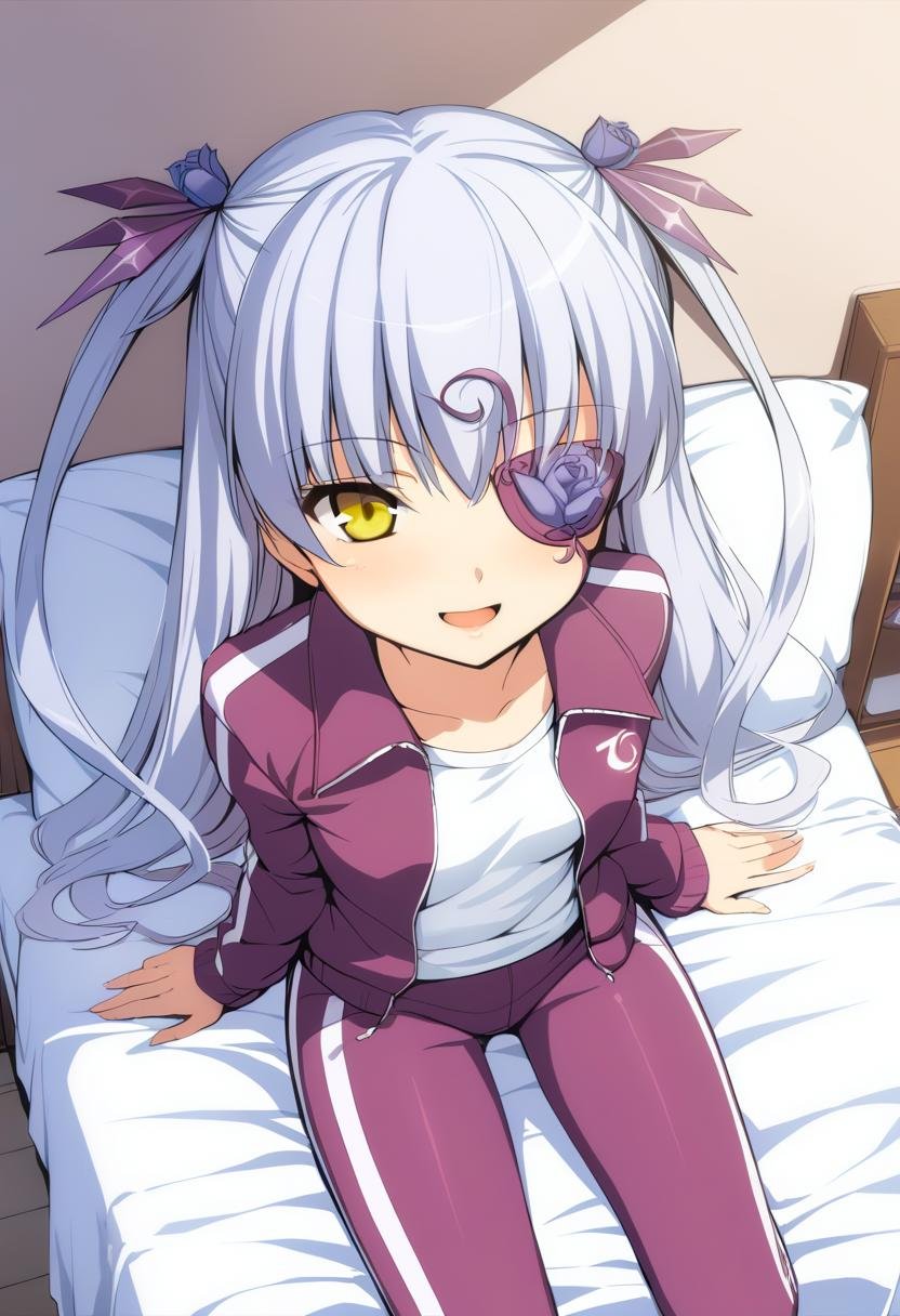 1girl, barasuishou, flower eyepatch, hair ribbon, solo, twintails, two side up, yellow eyes, looking at viewer, petite, bed, from above, jacket, open clothes, open jacket, open mouth, pants, shirt, sitting, smile, solo, t-shirt, track jacket, track pants, white shirt, absurdres, highres, masterpiece, best quality, mid, <lora:char - barasuishou - v1 - bionagato:1>