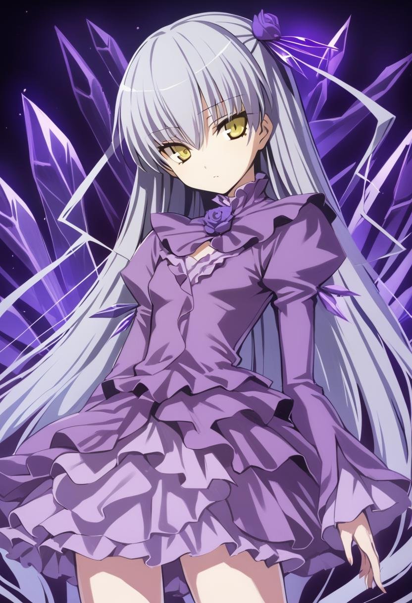 1girl, barasuishou, aura, closed mouth, cowboy shot, crystal, expressionless, flat chest, flower, flower eyepatch, frilled skirt, frills, gem, grey hair, hair between eyes, juliet sleeves, long bangs, long hair, long sleeves, looking at viewer, puffy sleeves, purple flower, purple gemstone, purple rose, purple shirt, purple skirt, rose, shirt, skirt, solo, very long hair, yellow eyes, absurdres, highres, masterpiece, best quality, mid, <lora:char - barasuishou - v1 - bionagato:1>