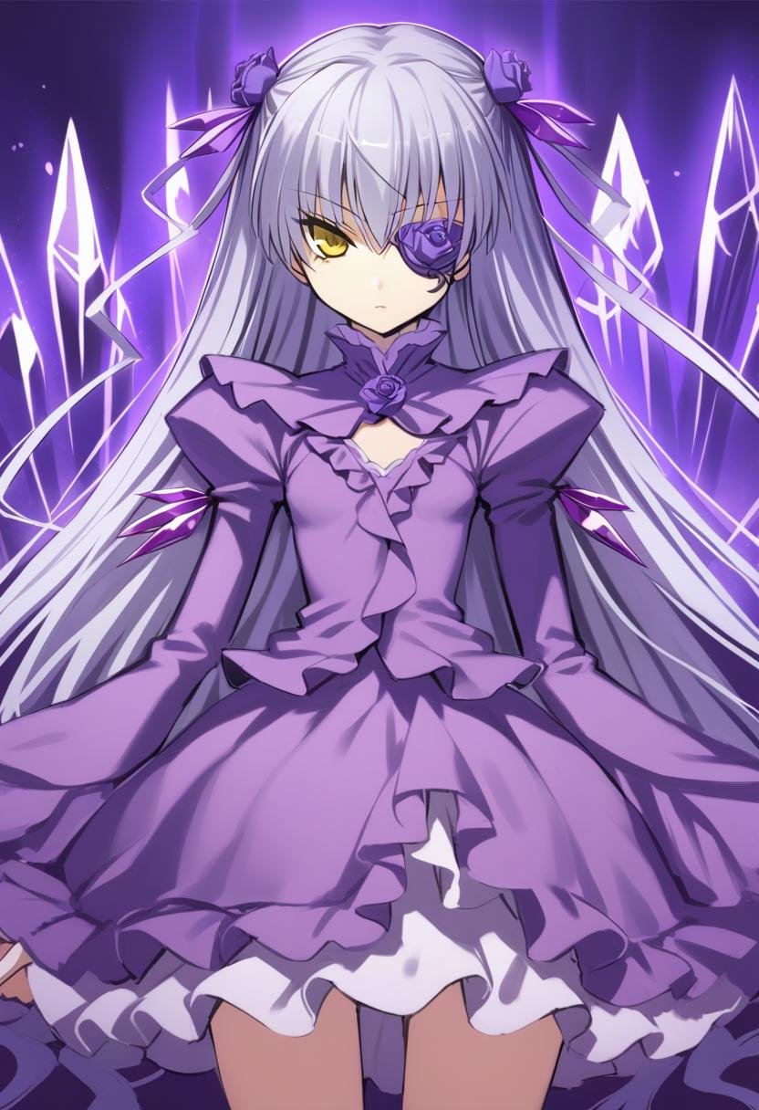 1girl, barasuishou, aura, closed mouth, cowboy shot, crystal, expressionless, flat chest, flower, flower eyepatch, frilled skirt, frills, gem, grey hair, hair between eyes, juliet sleeves, long bangs, long hair, long sleeves, looking at viewer, puffy sleeves, purple flower, purple gemstone, purple rose, purple shirt, purple skirt, rose, shirt, skirt, solo, very long hair, yellow eyes, absurdres, highres, masterpiece, best quality, mid, <lora:char - barasuishou - v1 - bionagato:1>