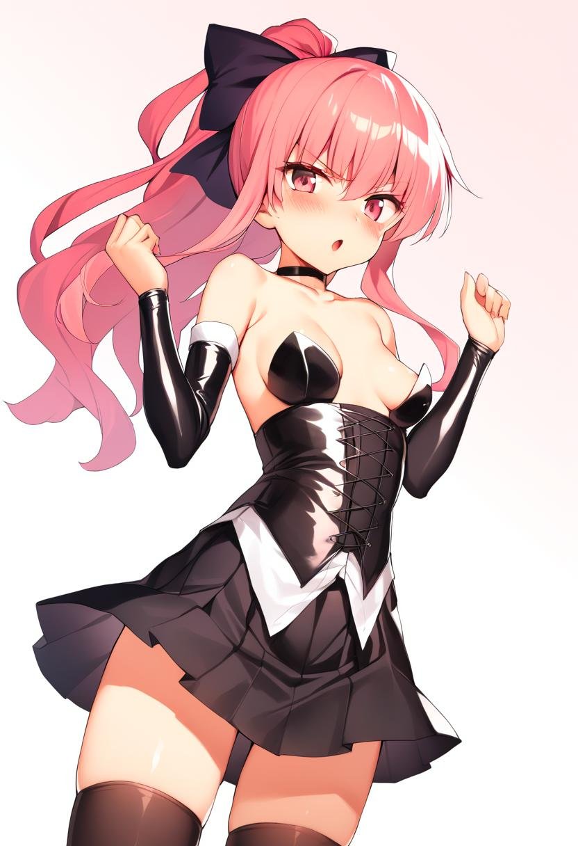 1girl, louise francoise le blanc de la valliere, :o, bare shoulders, black choker, black skirt, black thighhighs, blush, bow, breasts, choker, collarbone, corset, cowboy shot, detached sleeves, dominatrix, dress, hair between eyes, hair bow, hands up, high ponytail, long hair, looking at viewer, open mouth, pink eyes, pink hair, ponytail, simple background, skirt, small breasts, solo, strapless, strapless dress, thighhighs, white background, zettai ryouiki, absurdres, highres, masterpiece, best quality, mid, <lora:char - louise francoise le blanc de la valliere - v1 - bionagato:1>