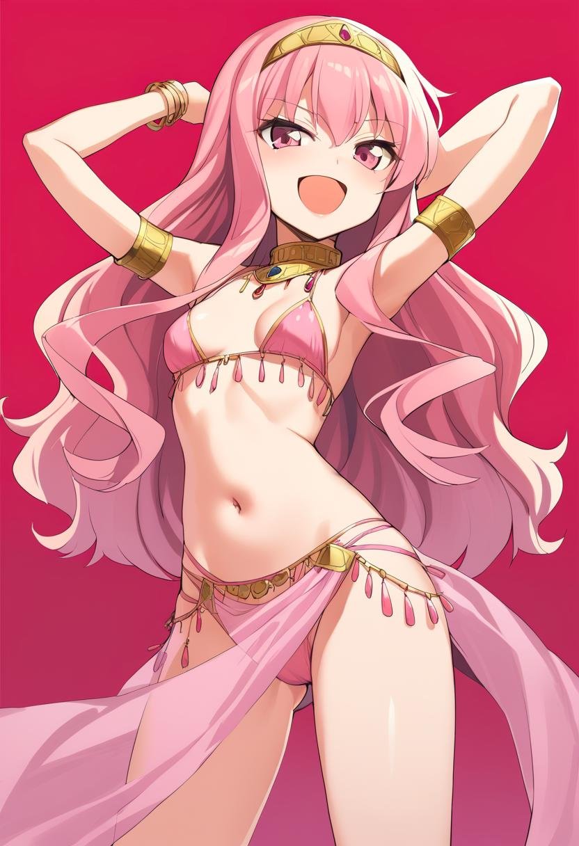 1girl, louise francoise le blanc de la valliere, :d, arabian clothes, arm behind head, belly dancing, bikini, bracelet, collar, headband, jewelry, looking at viewer, navel, open mouth, panties, pelvic curtain, pink eyes, pink hair, pink headband, pink headwear, pink panties, red background, smile, solo, swimsuit, underwear, absurdres, highres, masterpiece, best quality, mid, <lora:char - louise francoise le blanc de la valliere - v1 - bionagato:1>