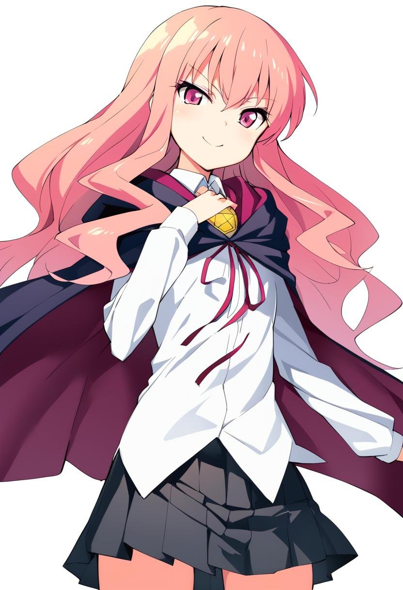 1girl, louise francoise le blanc de la valliere, zero no tsukaima, black cape, black skirt, cape, closed mouth, collared shirt, cowboy shot, hair between eyes, hood, hooded cape, long hair, long sleeves, looking at viewer, neck ribbon, pentacle, pink eyes, pink hair, pleated skirt, red ribbon, ribbon, shirt, sidelocks, simple background, skirt, smile, solo, white background, white shirt, absurdres, highres, masterpiece, best quality, mid, <lora:char - louise francoise le blanc de la valliere - v1 - bionagato:1>