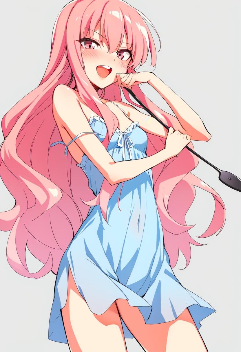 1girl, louise francoise le blanc de la valliere, :d, armpits, bare shoulders, blue nightgown, blush, breasts, cowboy shot, grey background, hair between eyes, hand to own mouth, holding riding crop, long hair, looking down, naughty face, nightgown, open mouth, pink eyes, pink hair, riding crop, sidelocks, simple background, sleepwear, sleeveless, small breasts, smile, solo, spaghetti strap, standing, strap slip, teeth, upper teeth only, very long hair, absurdres, highres, masterpiece, best quality, mid, <lora:char - louise francoise le blanc de la valliere - v1 - bionagato:1>