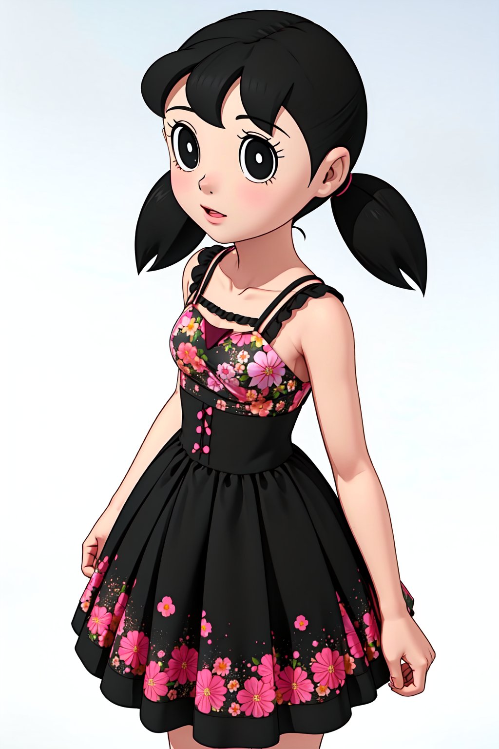 1girl, solo,Shizuka_minamoto, short hair, twintails, black eyes, black hair, dress, floral print,3D MODEL