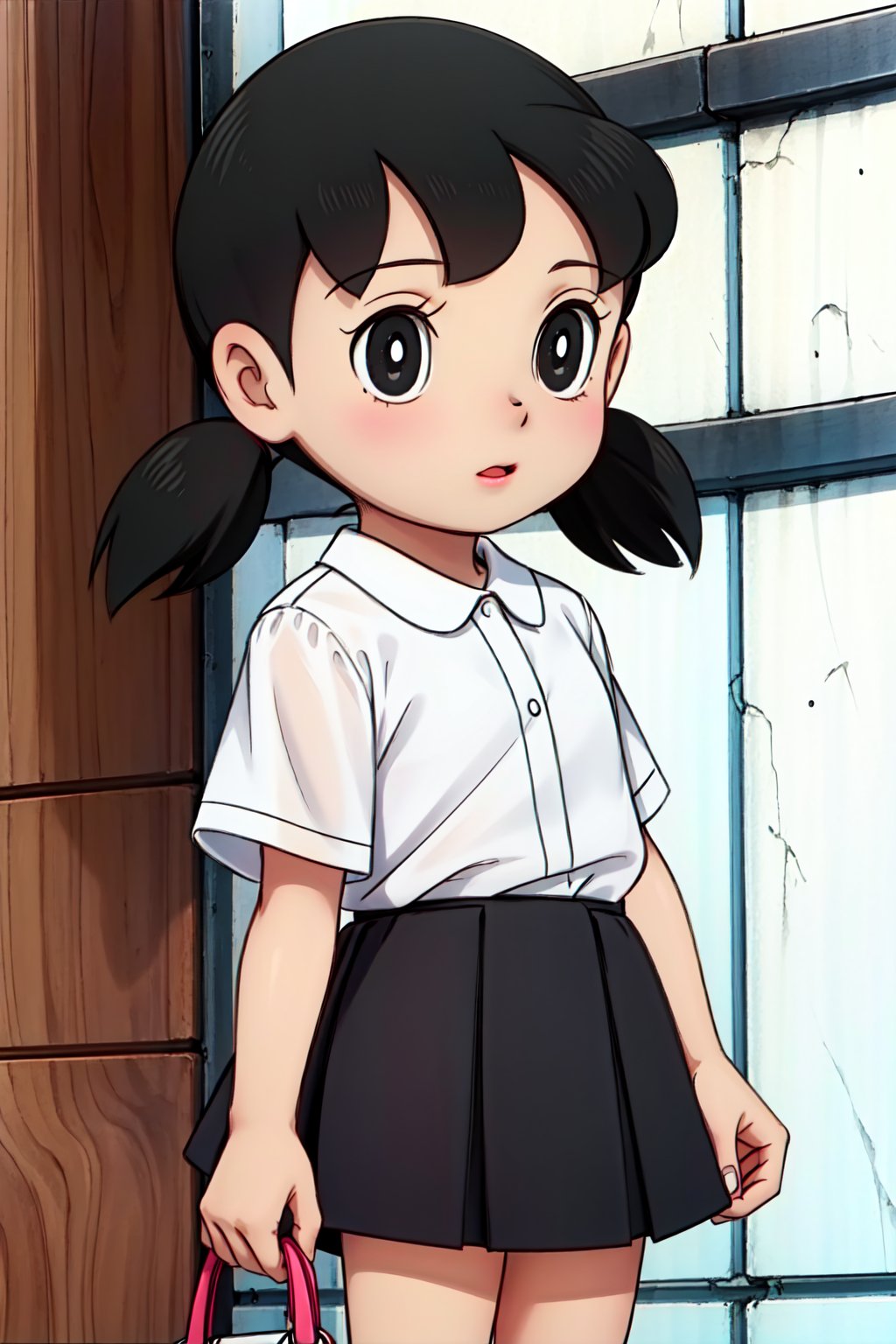 1girl, solo,Shizuka_minamoto, child, short hair, twintails, black eyes, black hair, shirt, skirt