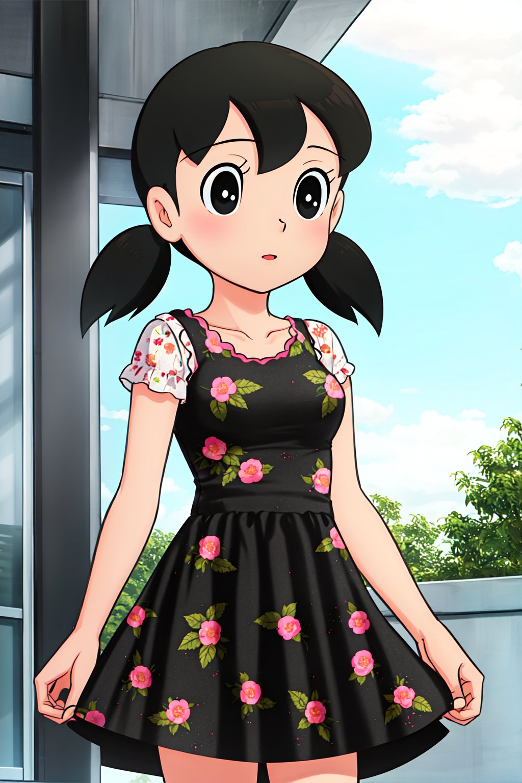 1girl, solo,Shizuka_minamoto, short hair, twintails, black eyes, black hair, dress, floral print