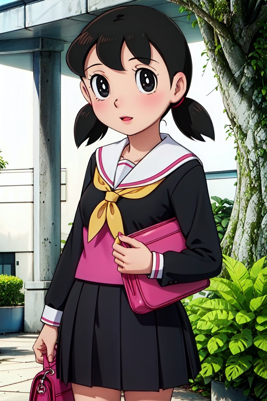 1girl, solo,Shizuka_minamoto, short hair, twintails, black eyes, black hair, schoolgirl uniform