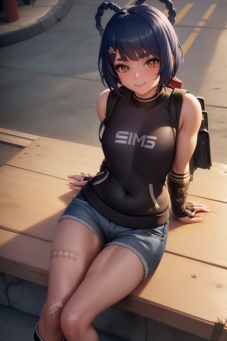 4k, fine detail, ultra high resolution, detailed face, delicate eyes, gradient eyes, gradient hair, light tracing,    real skin, beautiful skin,1girl, track pants, front, sitting,Denim jacket, jeans, light smile, backpack,street, city,xiangling \(genshin impact\),