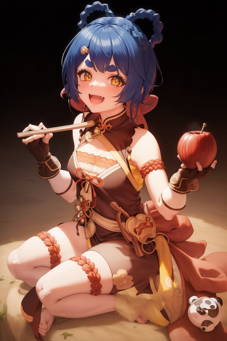 1girl, breasts, gloves, barefoot, braid, sitting, holding, food, smile, bowl, dress, thighs, hairclip, sleeveless, panda, cleavage, fang, chopsticks, bandaid, bangs, :d, solo, apple, fruit, bow, hair rings, fingerless gloves, looking at viewer, hair ornament, blue hair, open mouth, black gloves, yellow eyes, holding bowl, chinese clothes, short hair, small breasts, thick eyebrows, full body, bare legs, china dress, bare shoulders, sleeveless dress, medium breasts, vision (genshin impact), bandaid on leg, twin braids, pelvic curtain