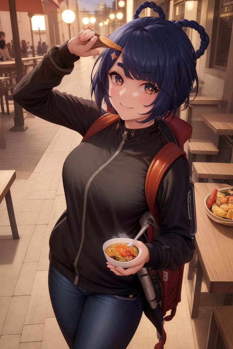 4k, fine detail, ultra high resolution, detailed face, delicate eyes, gradient eyes, gradient hair, light tracing,    real skin, beautiful skin,1girl, track pants, front, standingBlack trench coat, jeans, light smile, backpack,The restaurant, the table, the foodxiangling \(genshin impact\),